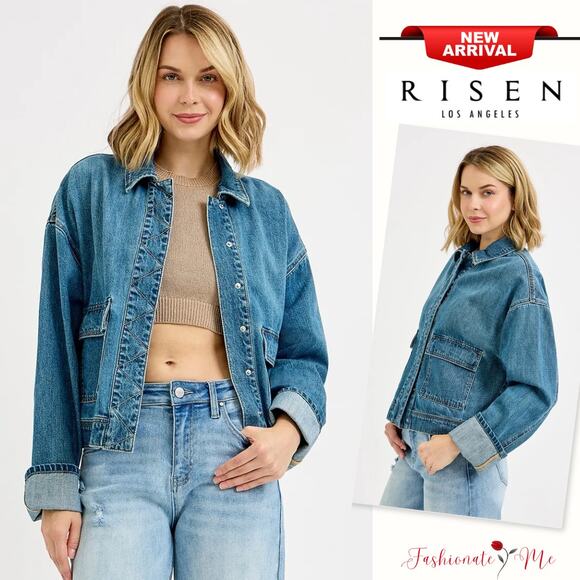 RISEN Oversized Cuffed Sleeves Buttoned Cargo Pockets Medium Wash Denim Jacket - Picture 1 of 7